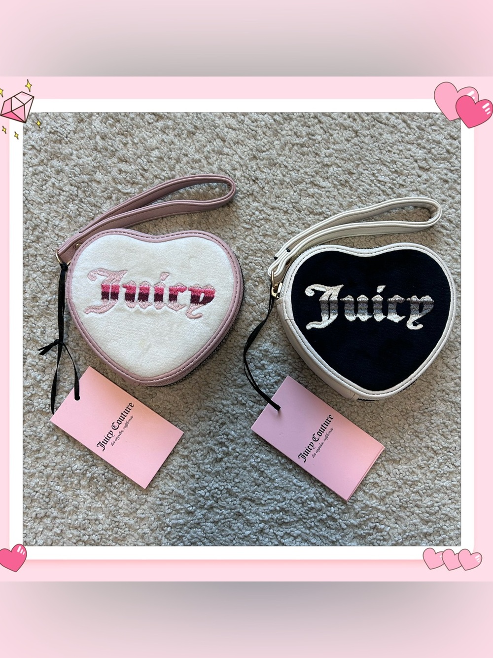 Juicy Couture Retro Vibe Velour Heart Zip-Around Wallet Wristlet Set 2 PCs Y2K